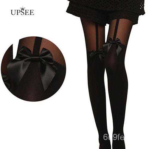 Inscod Vintage Tights Bowknot Tattoo Mock Suspender Sheer Stockings