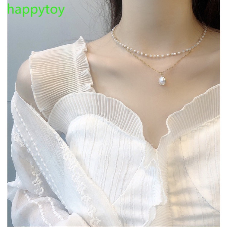 Fashion Pearl Metal Lock Necklace Multilayer Pendant Women Gold Chain ...