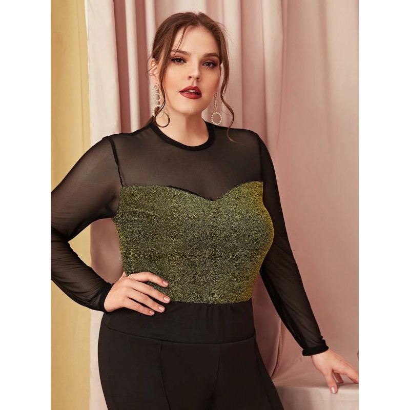 SHEIN Sheer Mesh Yoke Long Sleeve Top