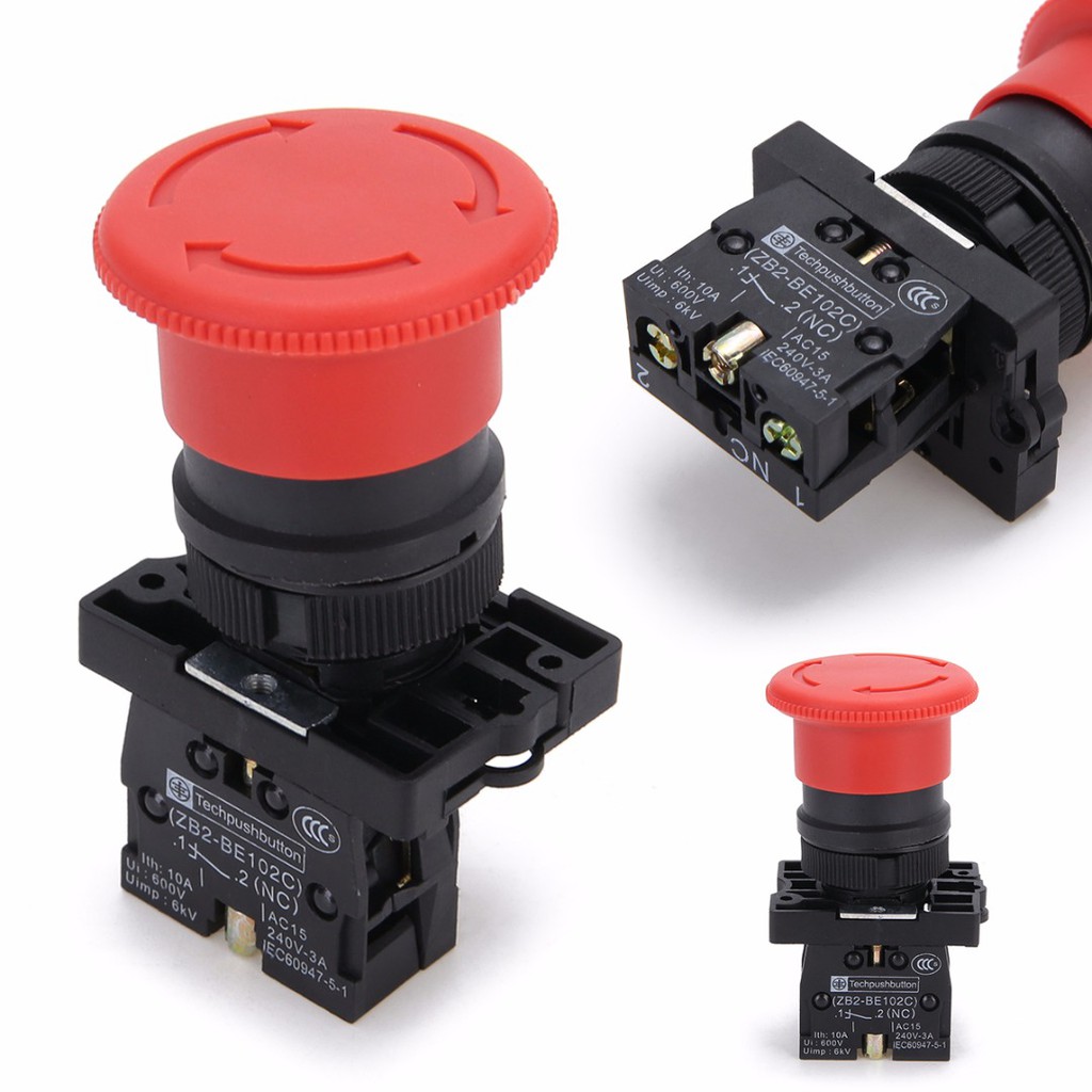 PTPTRATE XB2-ES542 22mm NC N/C Red Mushroom Emergency Stop Push Button ...