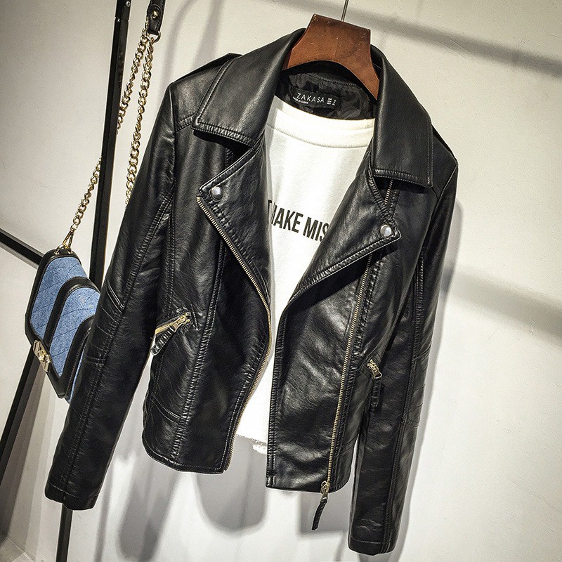 Solid Color Zipper Slim Fit Short PU Leather Jacket