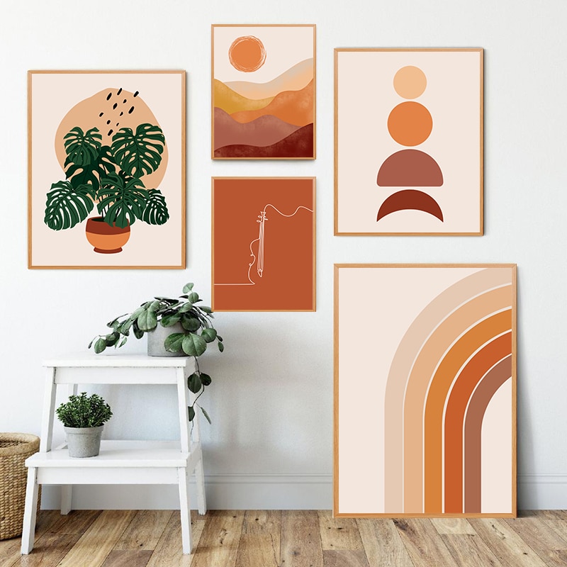 Burnt Orange Boho Wall Art Canvas Painting Rainbow Desert Moon Phases