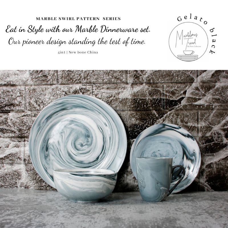 Porise Ceramic plates Dinnerware set Gelato black New bone china 4in1