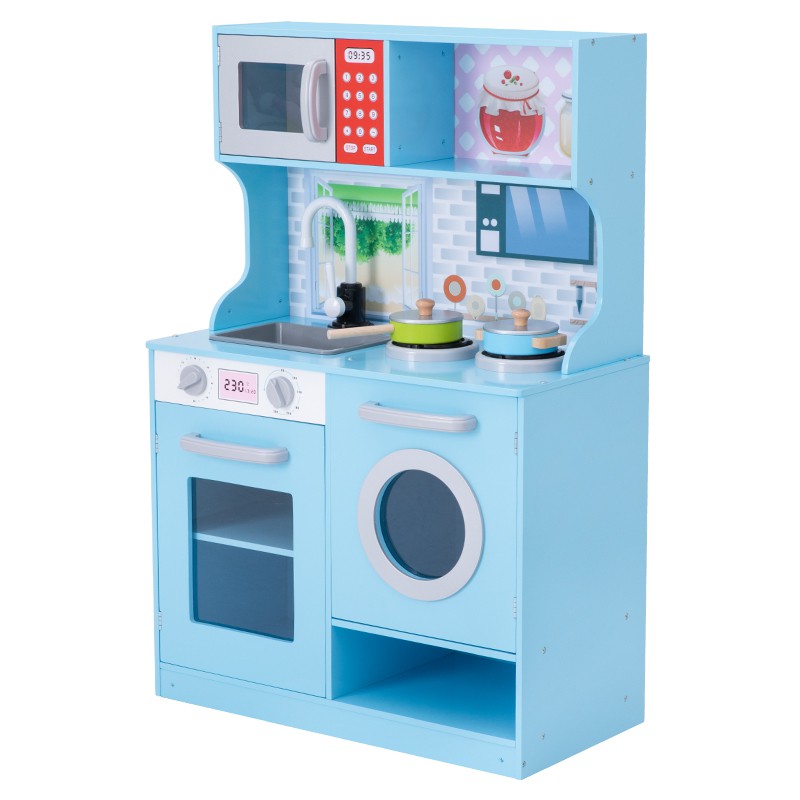 Blue wooden toy store kitchen