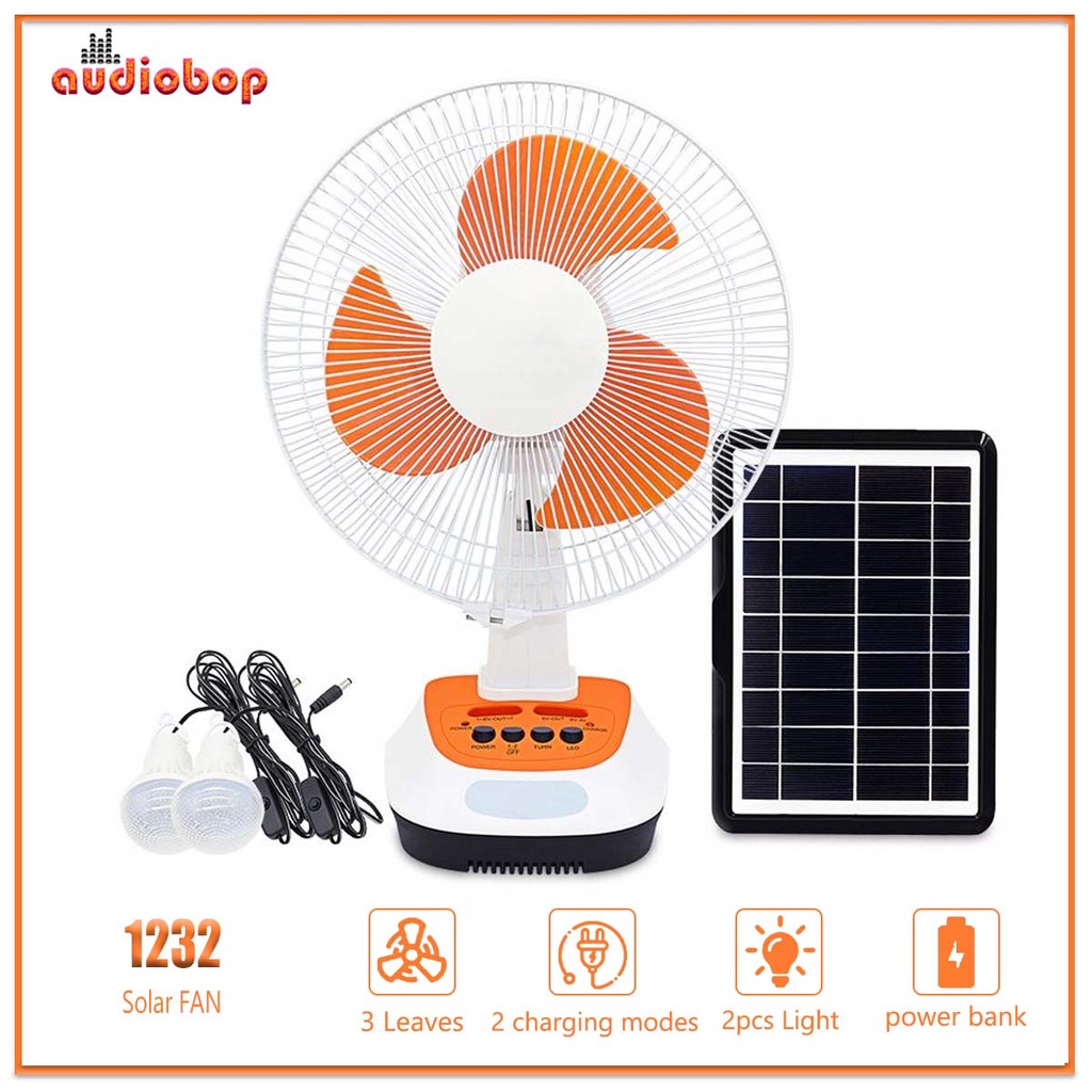 Solar Fan Solar Electric Fan 12inch Rechargeable Fan 2led Bulbs Fan Desktop Electric Outdoor Fan 0804