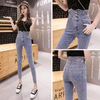 ins】High Waist Jeans Women Skinny Jeans Korean Style Slim Blue Denim Pants  Jeans