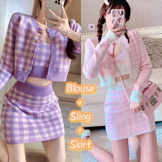 XIMAN Korean Purple Pink Plaid 3 Piece Terno Long Sleeve Knitted Cardigan Sweater Crop Top Skirt Shopee Philippines
