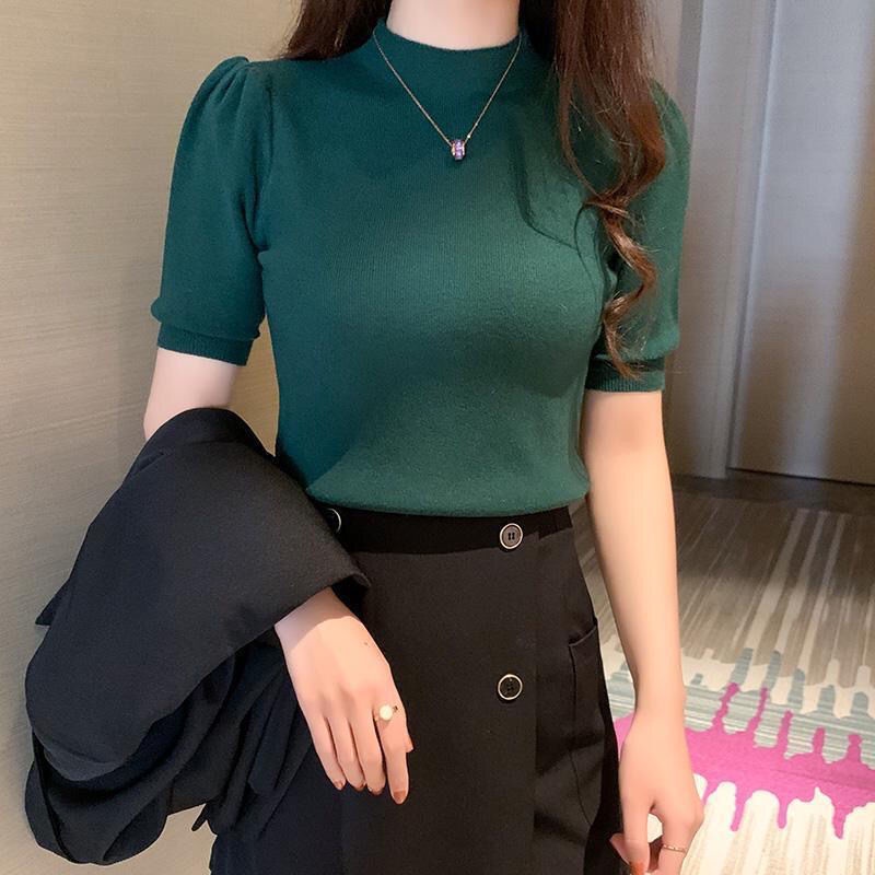 Knitted Blouse Plus Size Women's Summer Korean Style Turtleneck Puff ...