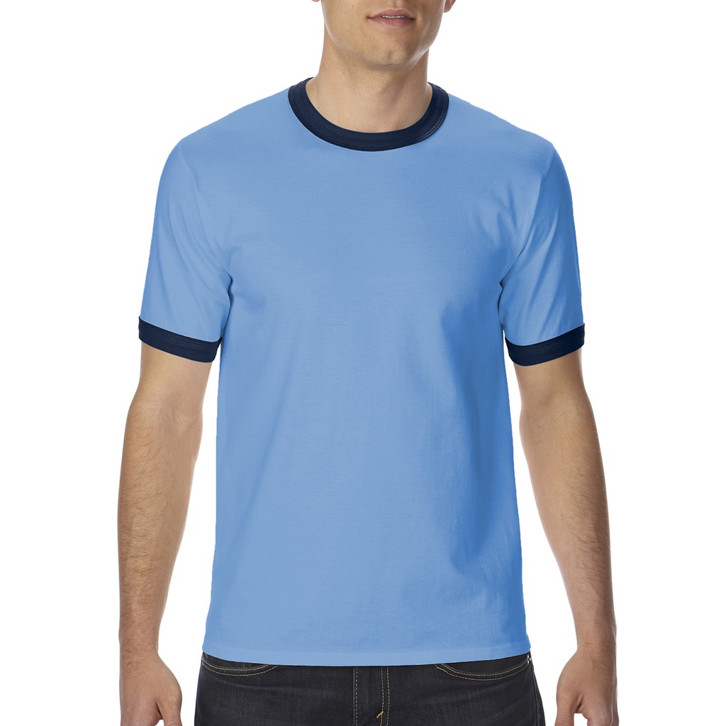 Gildan 76600 Premium Cotton Adult Ringer T-Shirt (Carolina Blue / Navy ...