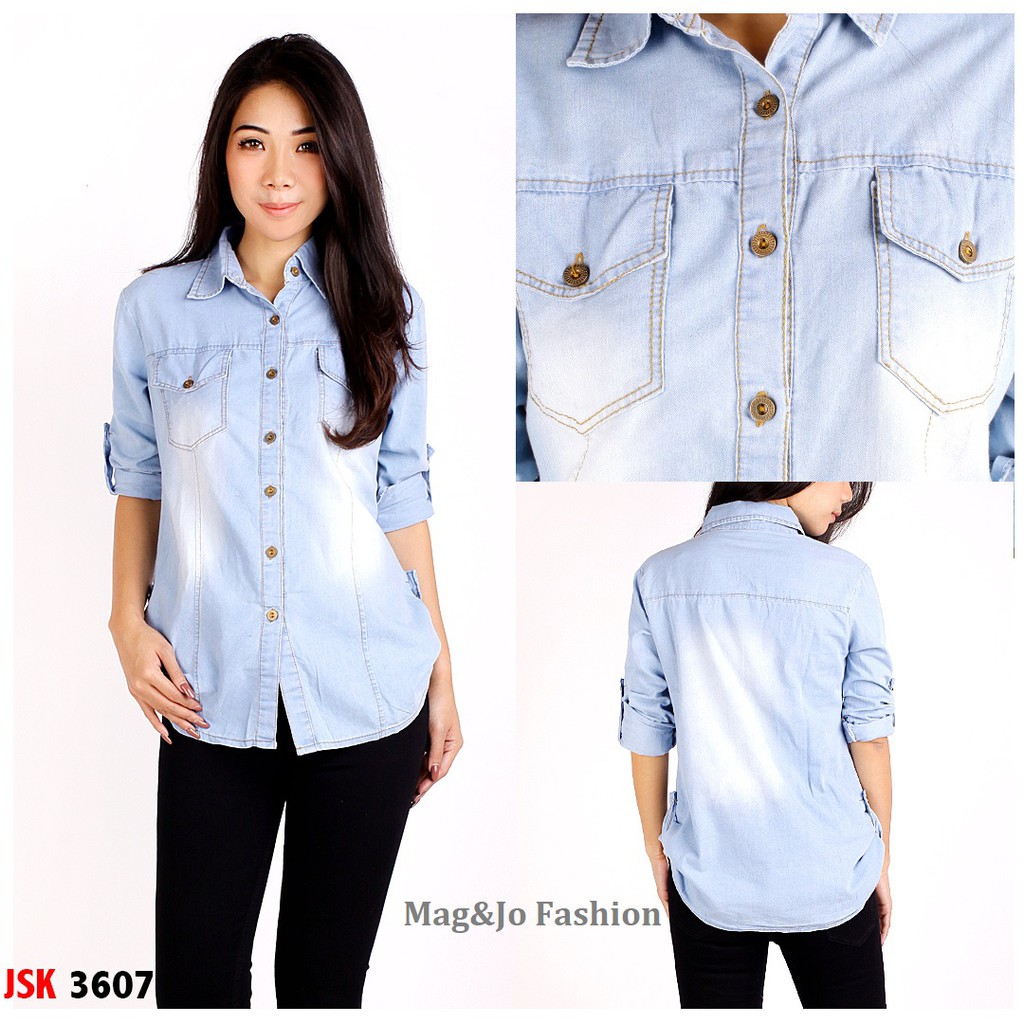 Women'S Long Sleeve Denim Shirt all size-Light Blue JSK 3607 | Shopee ...