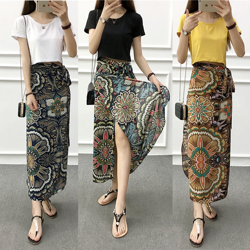 Floral Wrap Around Skirt long Lace up Split Beach Skirt High Waist Chiffon Skirt Shopee Philippines