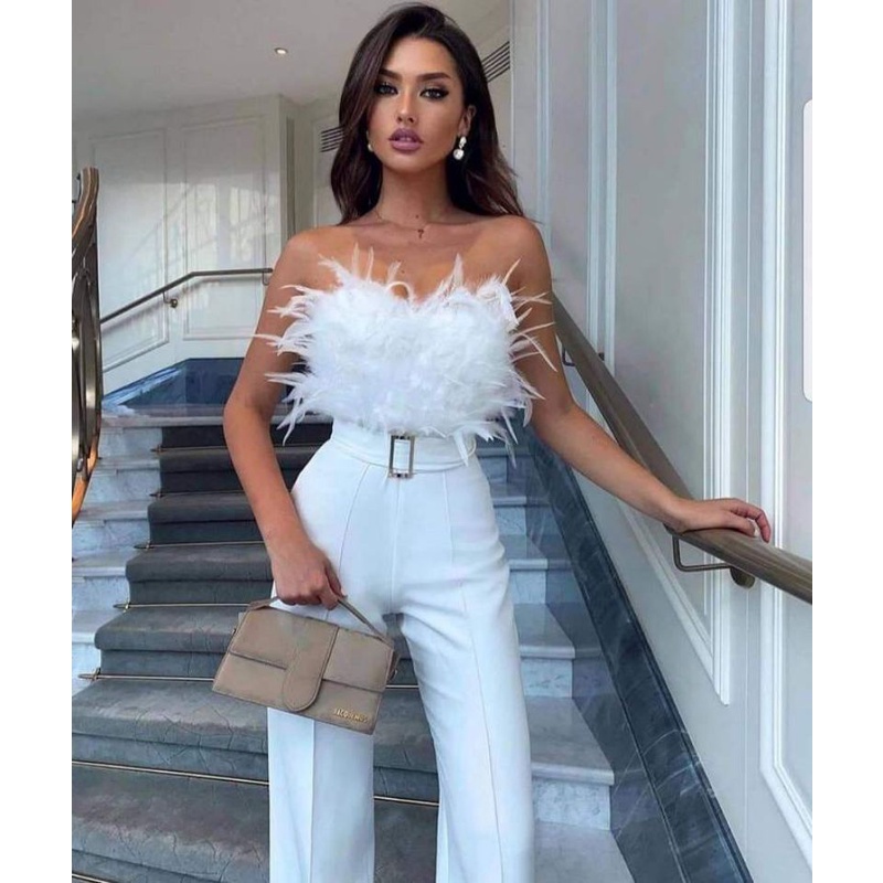 2022 Summer New Feather Tube Top Sexy Fashion Jumpsuit Solid Colors