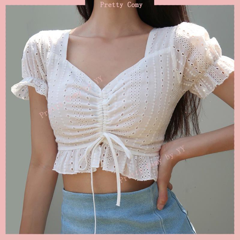 Women Crop Top Korean Top Trendy Top Hollow Drawstring V-Neck Lace Top ...