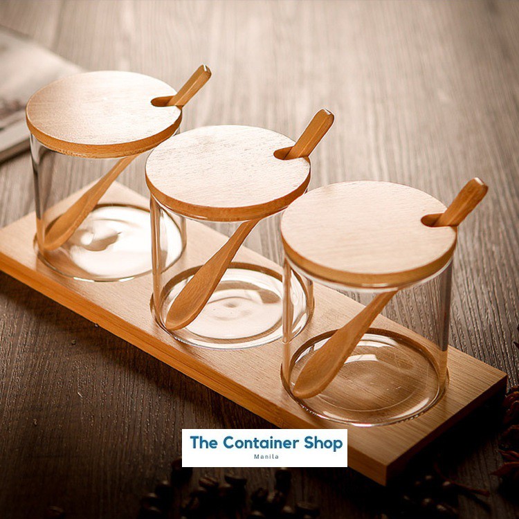 Container Shop 3Pcs Set Glass Jar with Bamboo Lid 3Pcs Wooden Spoon and ...
