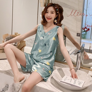 Lowest price】Ice silk pajamas women's sexy vest suspender suit short sleeve  lovely student women ca