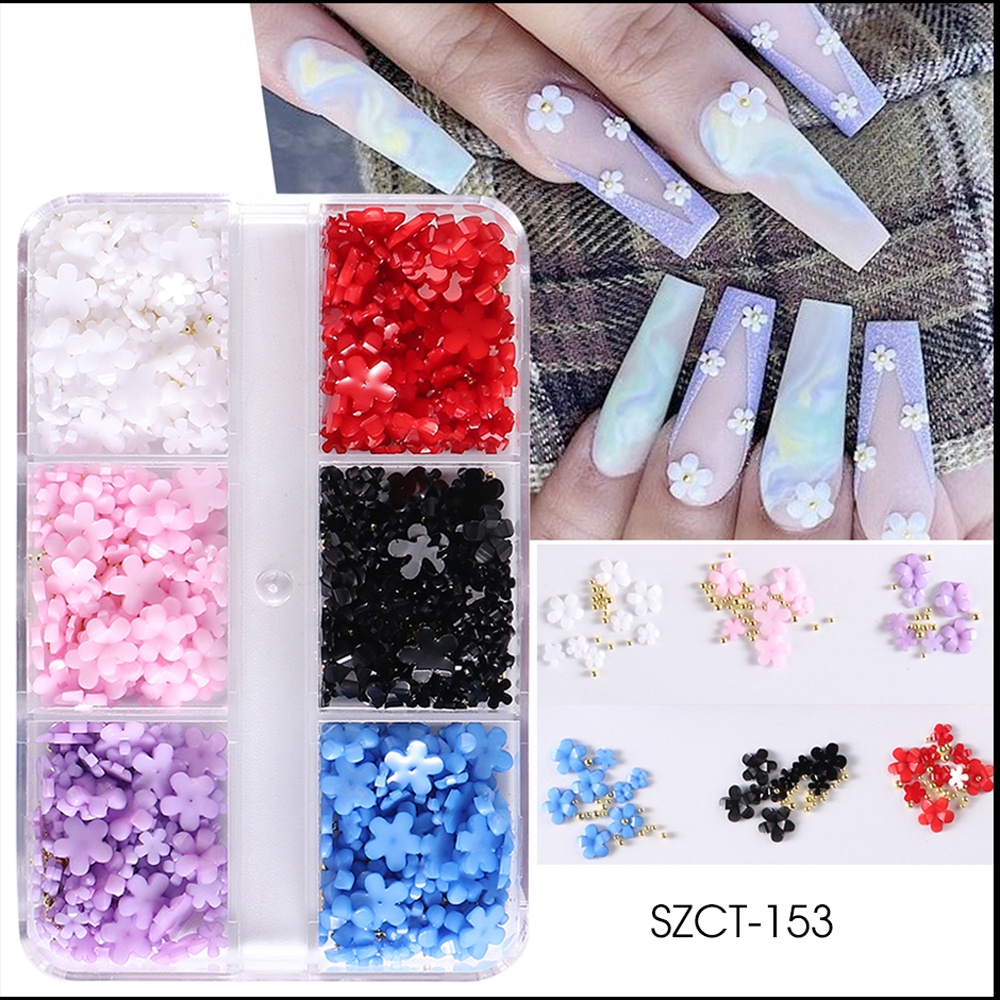 MAMA NAIL 6 Grids 3D White Acrylic Flower Nail Parts Mixed Steel Beads ...