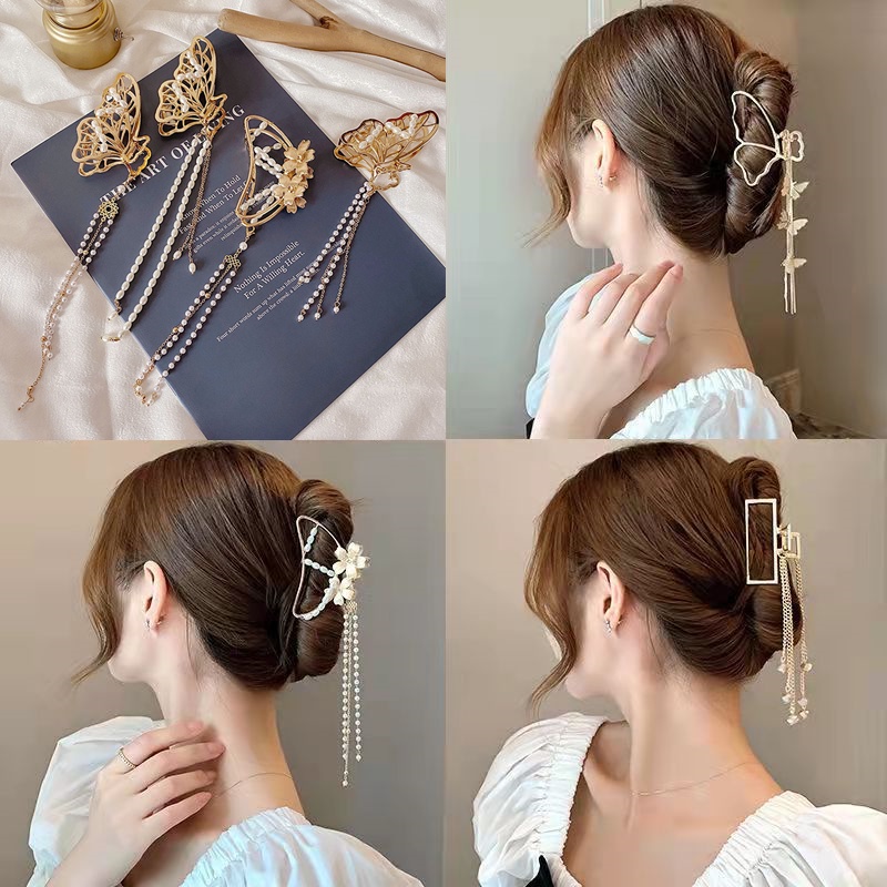 Dazzle Pearl Tassel Butterfly Style Hair Claw Clip Metal Clutcher Claw  Clamps Korean Style Wedding Hair Accessories For Girls And Woman (Pack of 1)