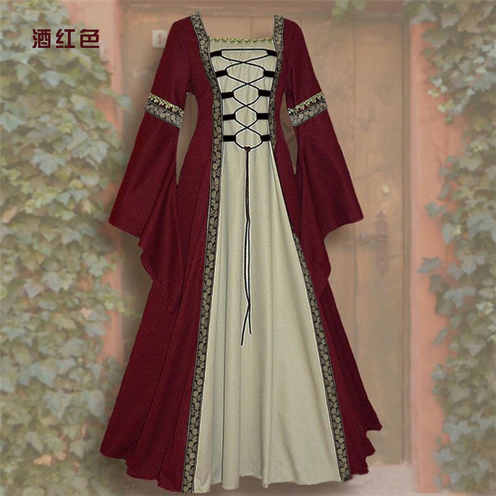 2025European American Square Neck Trumpet Sleeve Long Dress Gothic ...