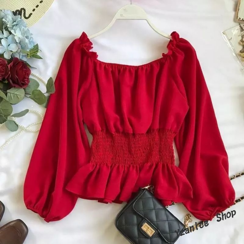 Red long sleeve online off the shoulder top