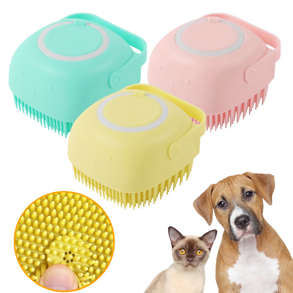 Dog Bath Brush Pet Massage Brush Shampoo Dispenser Soft Silicone