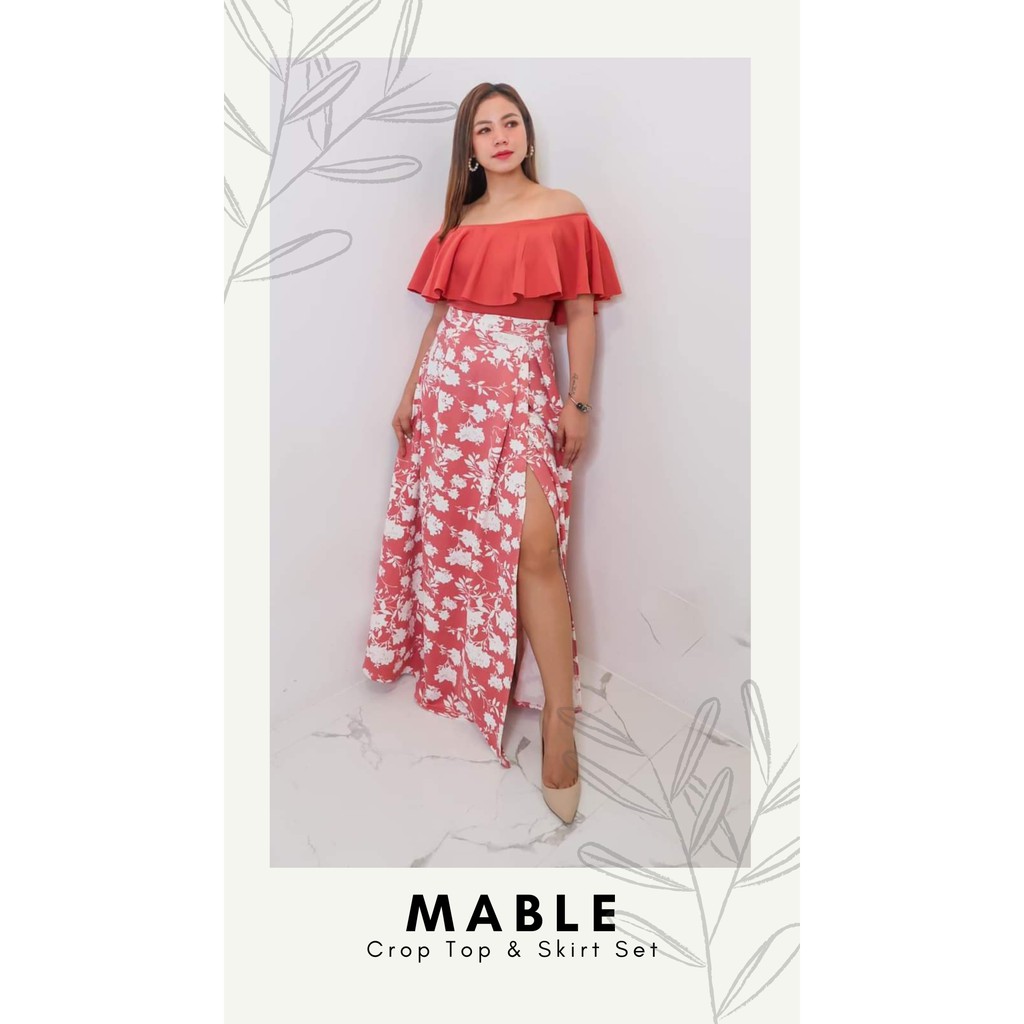 MABLE Plain Maxi Skirt Set Terno Coordinates Off Shoulder Crop Top Long ...
