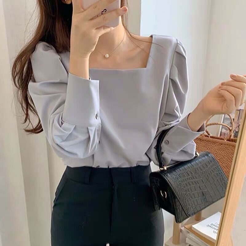 Women's Puff Sleeve Casual Solid Top Square Neck Ruched Vintage Button ...