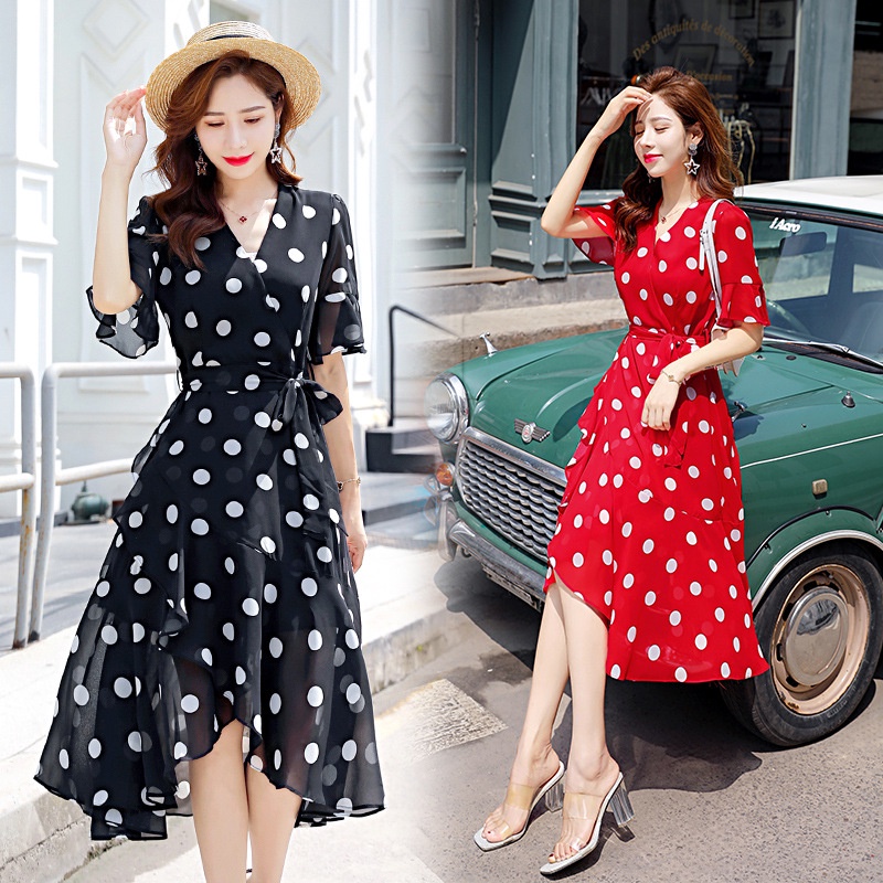 Women Polka Dot Dress Short Sleeve Maxi Dress Summer Beach Party Plus Size Long Dresses V neck High Waist Shopee Philippines