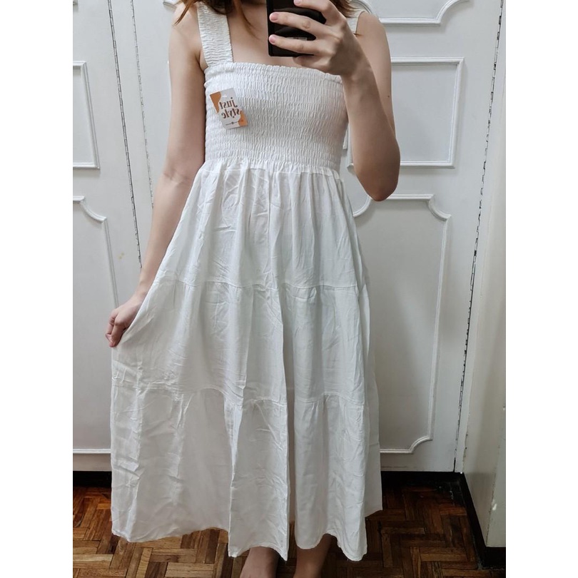 White Sleeveless Smocked Layered Maxi Dress | Shopee Philippines