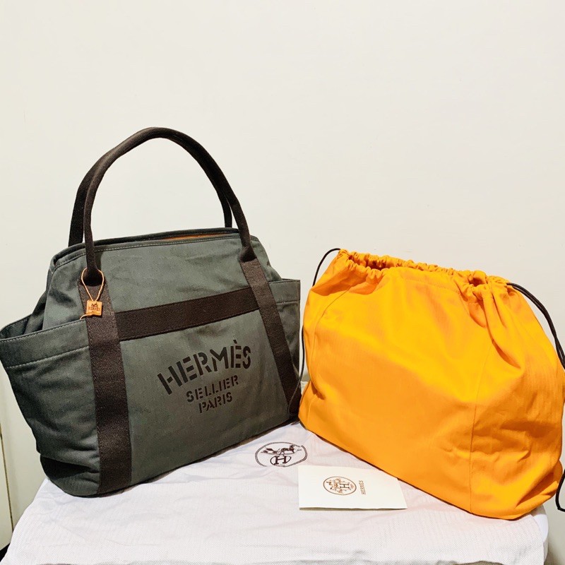 SD COD Hermes Fourre Tout Du Cavalier Canvas Tote Bag with Pouch