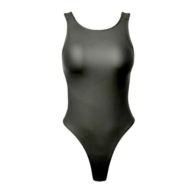 XCKNY one piece T-shaped swimsuit Pu texture black swimsuit matte color ...