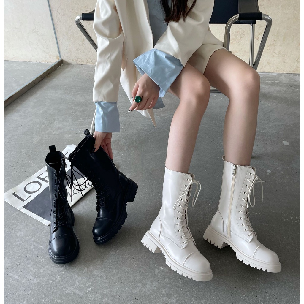 Women's Lace-Up Block Heel Platform Boots - Round Toe Short Shaft Fashion Boots (White, Size 12)