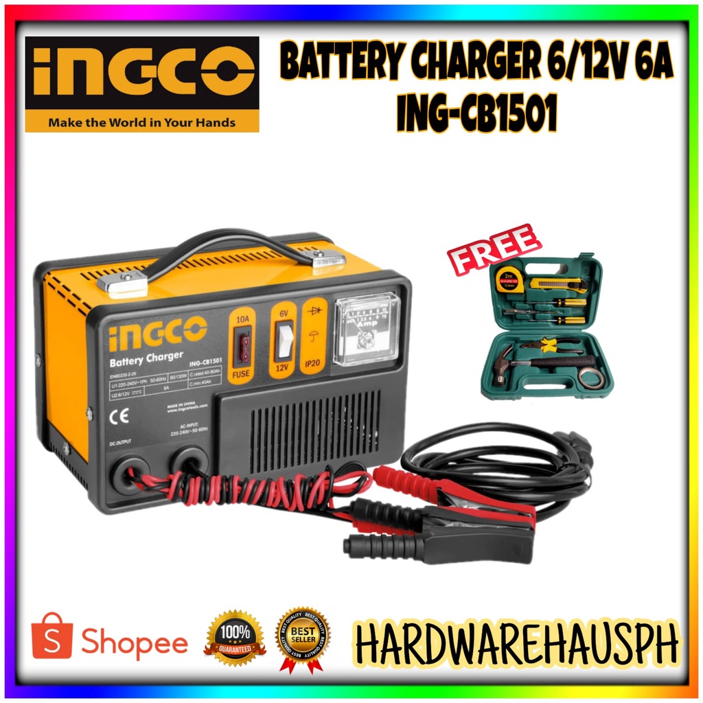 INGCO Battery Charger 6/12V 6A INGCB1501 with free Toolset Shopee
