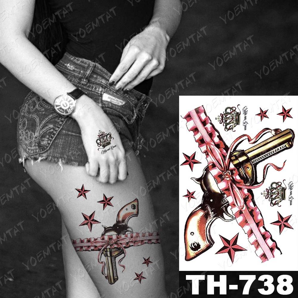 Waterproof Temporary Tattoo Sticker Sexy Lace Rose Tattoos Crown Ribbon Gun  Body Art Arm Fake Tatoo Women Men Exquisite