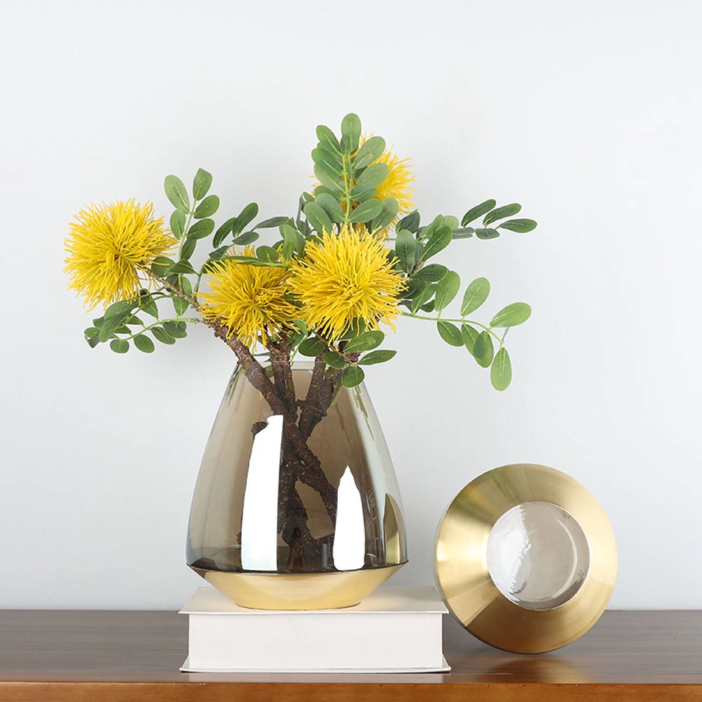 Premium Quality Gold Metal Rim Amber Grey Glass Vase Flower Deco Vase ...