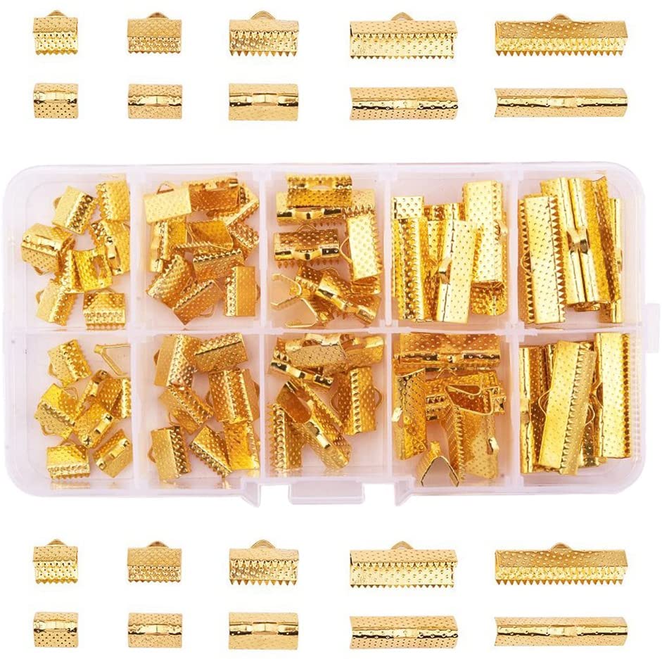 100 Pcs Ribbon Clamp End Crimps Cord Ends with Loop 5 Sizes for Jewelry