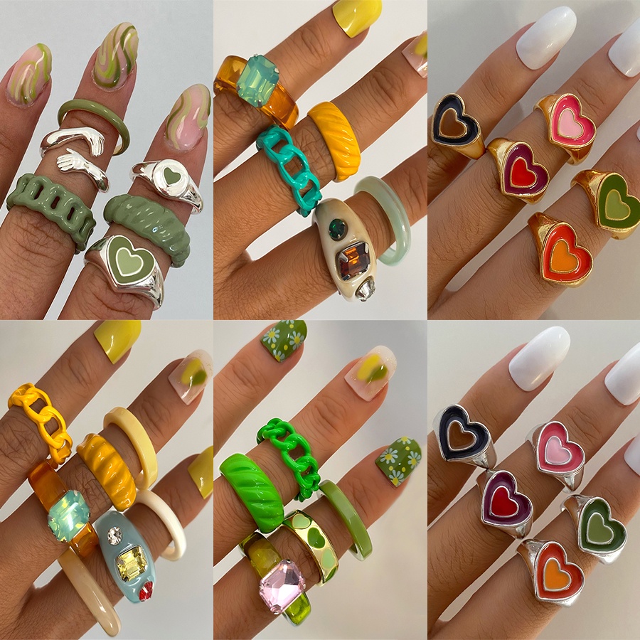 Y2K 6Pcs Set Rings Vintage Metal Resin Love Heart Ring Set for Women ...