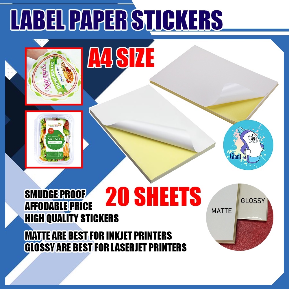 Matte & Glossy Label Photo Sticker Paper A4 20pcs pack Super sticky ...