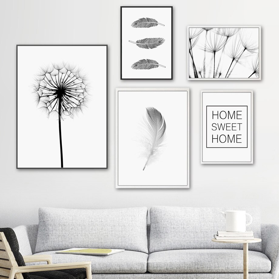 Wall Art Canvas Painting Feather Dandelion Quotes Black White Nordic ...