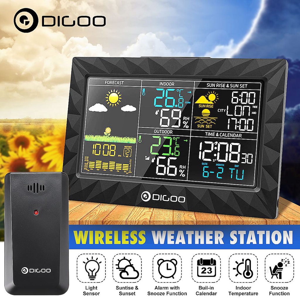 DIGOO DG-TH8988 Indoor Outdoor Weather Station LCD Thermometer Humidity ...
