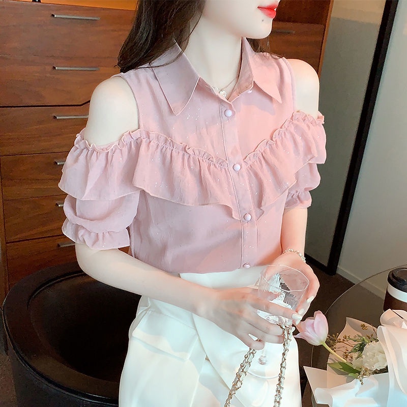 Fashion Elegant Chiffon Blouse Women Summer New Stringy Selvedge Short ...