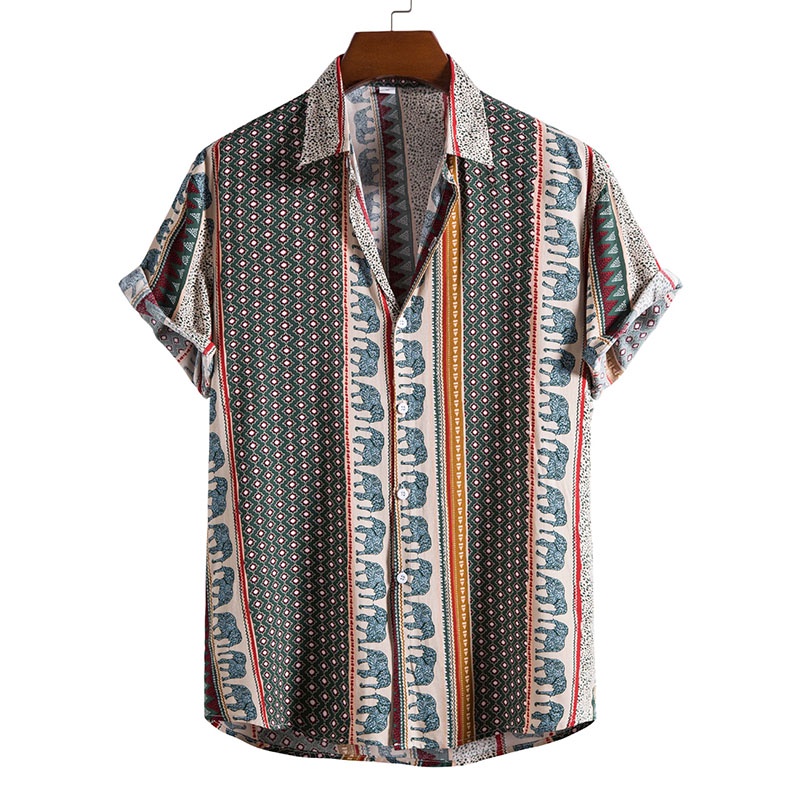 Men's Retro Short Sleeve Ethnic Printed Boho Shirt Loose Casual Button ...