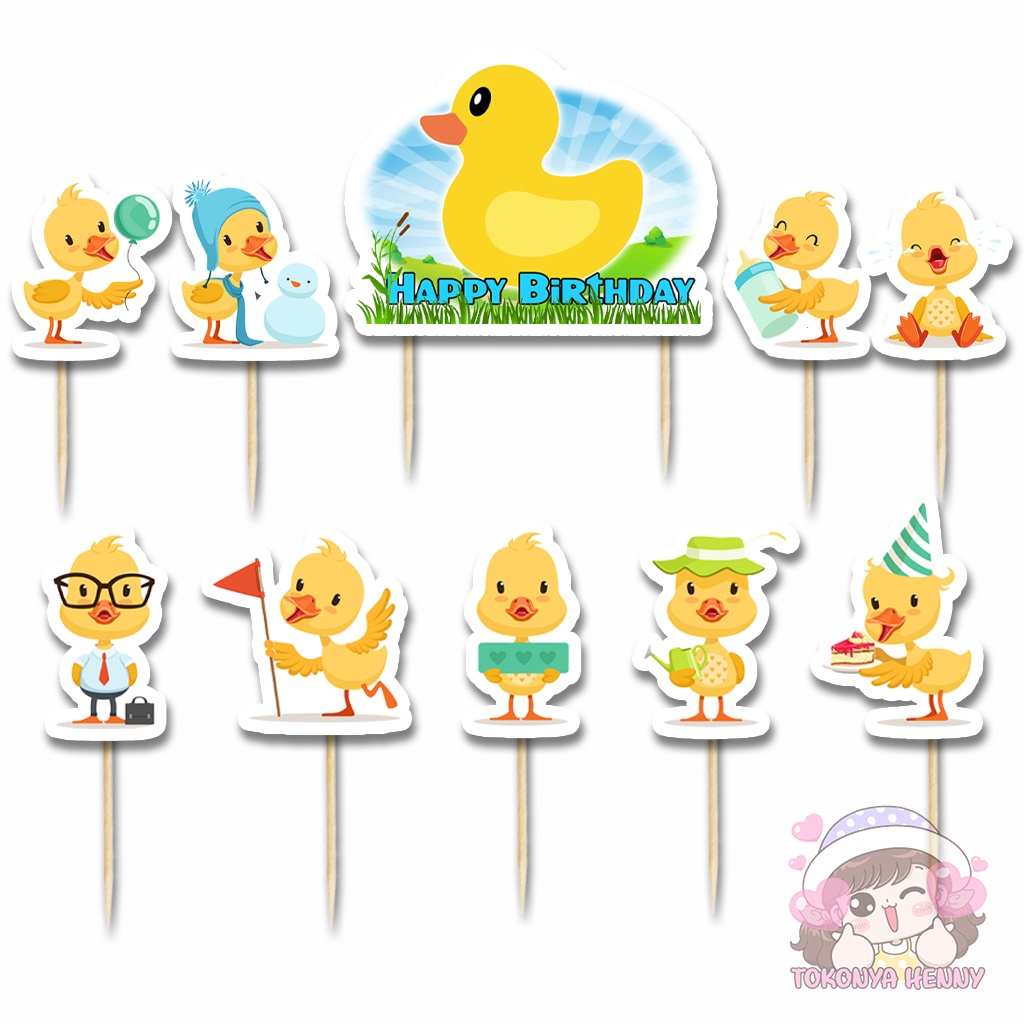 Yellow Duck Face Cake Topper Set - Gold Glitter Eyes & Paws, Farm Animal Birthday & Baby Shower Decor - View #3