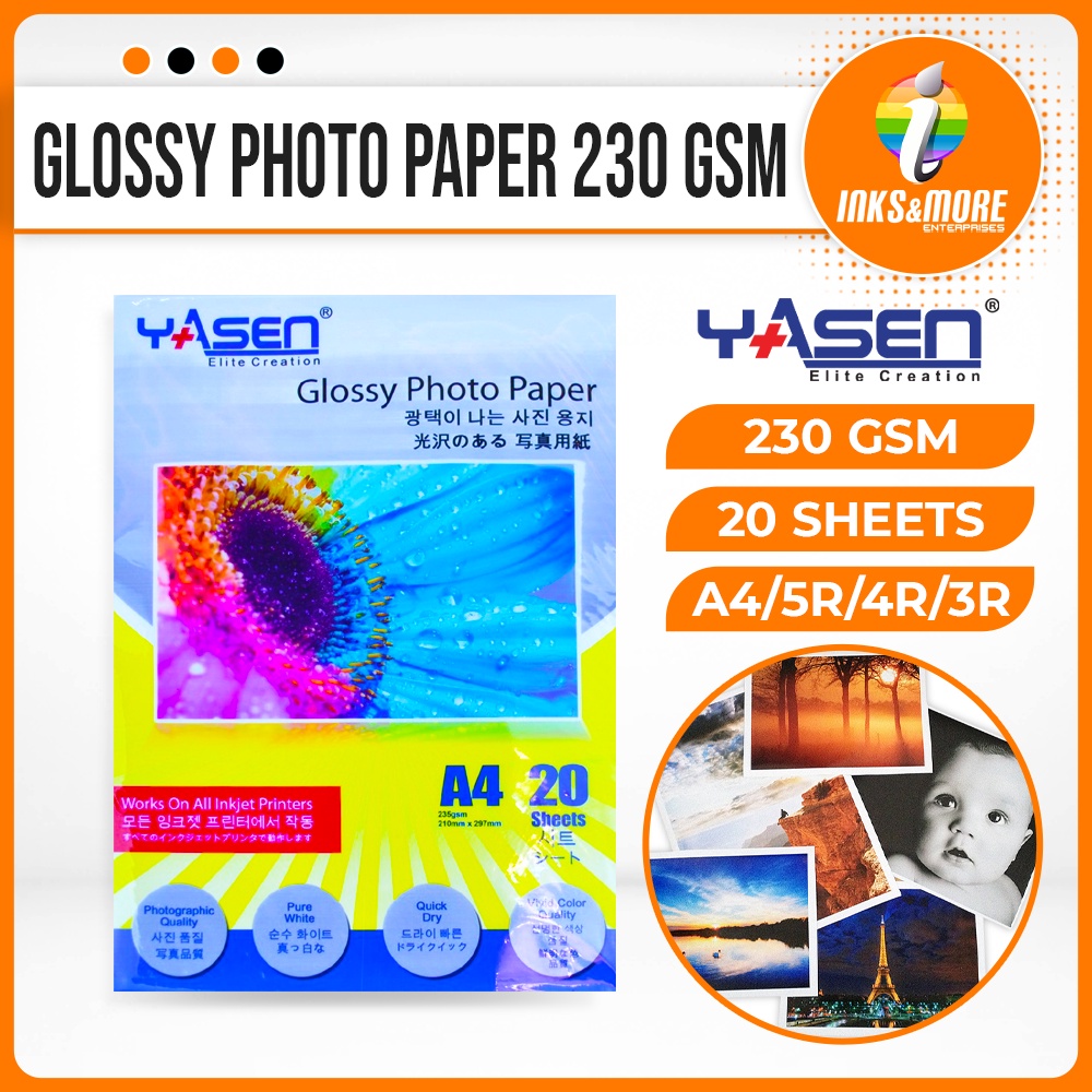 Yasen Glossy Photo Paper 230gsm 3r 4r 5r A4 20 Sheets High Glossy Photographic Coated Printing