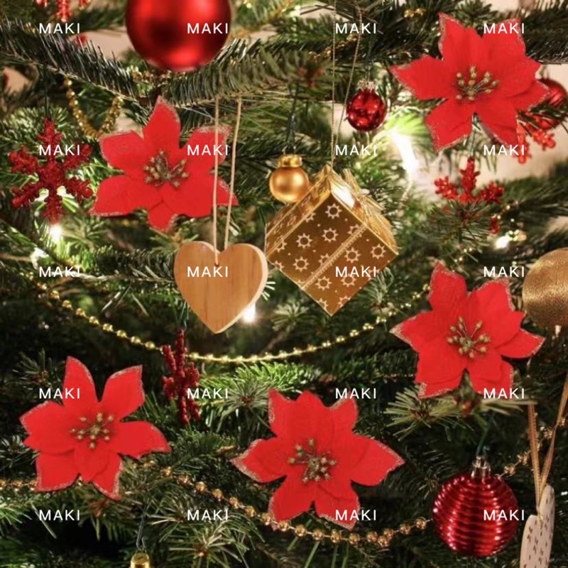 12pcs/set Red christmas flower/decor,gold powder/glitters,green stick