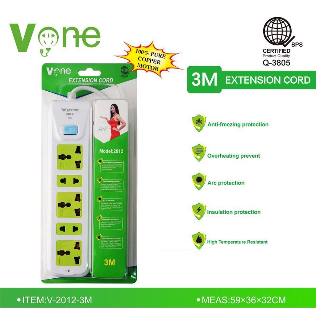 VONE 3M Extension cord with Universal Socket and Switch Intelligent