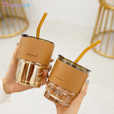 Valentine’s Day Gifts: Glass Straw Cup Coffee Mug with Lid Tumbler Hot Cold Milk Tea Cup Water Bottles