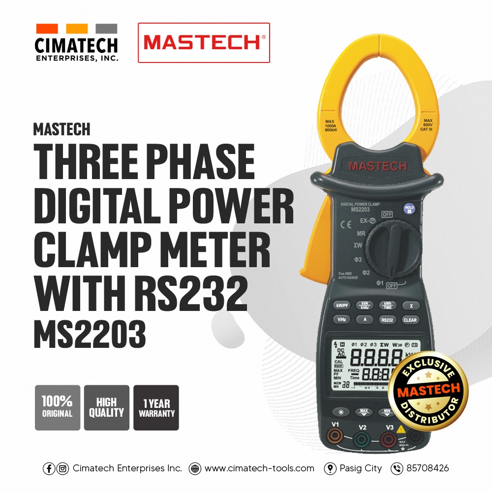 CIMATECH Mastech MS2203 Three Phase Digital Power Clamp Meter with