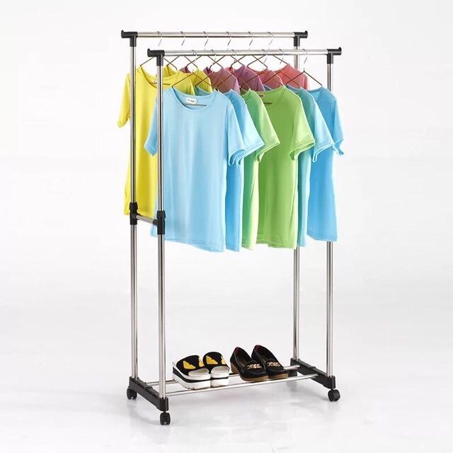 Double Pole Cloth Rack Clothes Hanger Rack with Rolling Rail Rack ...