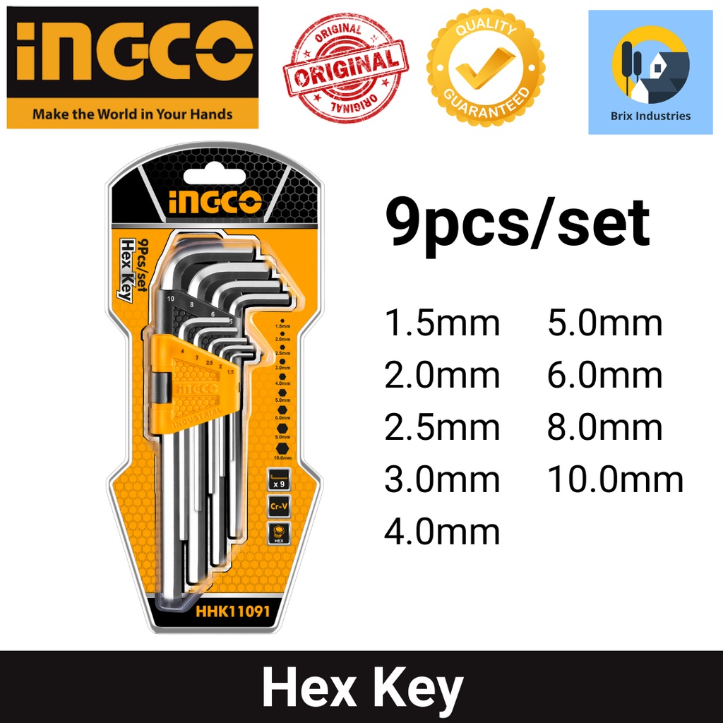 Ingco 9 pieces Hex Key Long Arm Set HHK11091 Heavy Duty LStyle Allen Wrench Shopee Philippines