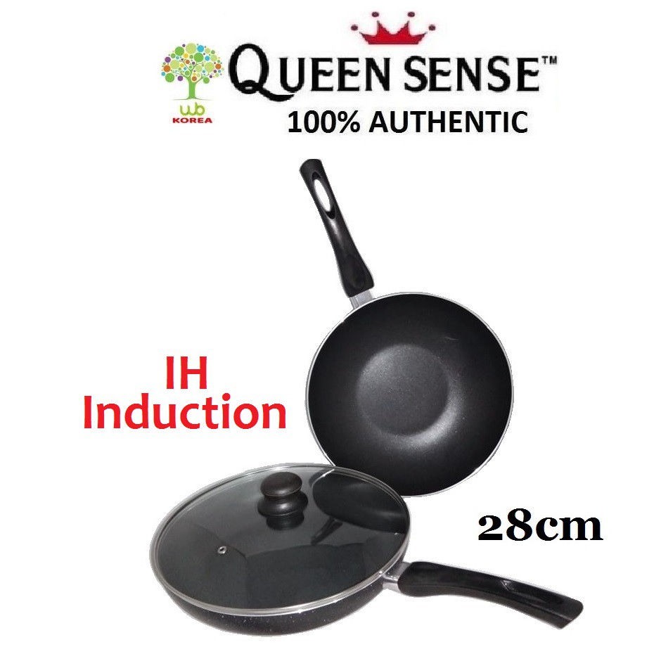 QUEEN SENSE Induction Shine Set Fry Pan and Wok Pan with Glass Lid 28cm ...